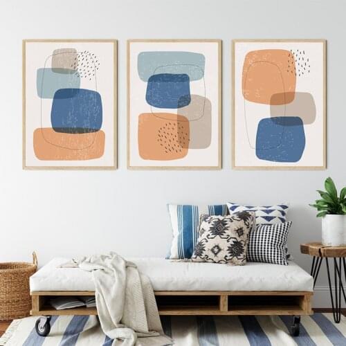 Blue Orange Abstract Shapes Art Prints Minimal Posters Canvas Painting Mid Century Wall Pictures for Living Room Home Decoration