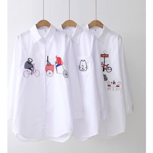 Korean Loose White Blouses Spring Womens Vintage Embroidery Turn-down Collar Long Sleeve Long Shirts Student Bottom Cotton Tops