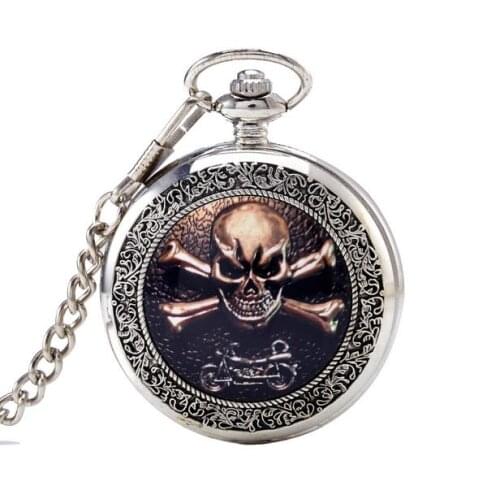 Vintage silver Ghost Rider skull Quartz pocket watch With necklace Men Women Watches FOB Chain Gift