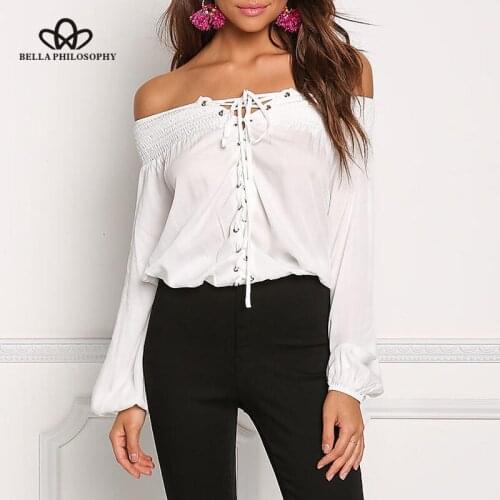 Bella Philosophy Sexy Off Shoulder Blouse Women Shirt Slash Neck Backless Shirt Female Lace Up Lantern Sleeve Tops Blusas