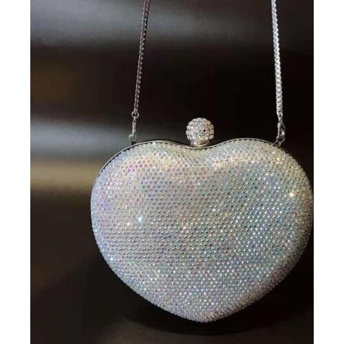 Silver AB Diamond Women Formal Dinner Heart Shape Handbag Lady Wedding Bridal Party Crystal Clutch Bag Female Evening Prom Purse