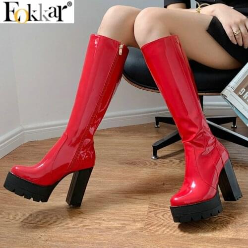 Eokkar 2021 Women Knee High Platform Boots Chunky High Heel Patent Leather Knee High Boot for Women Block Heel Winter Tall Boots