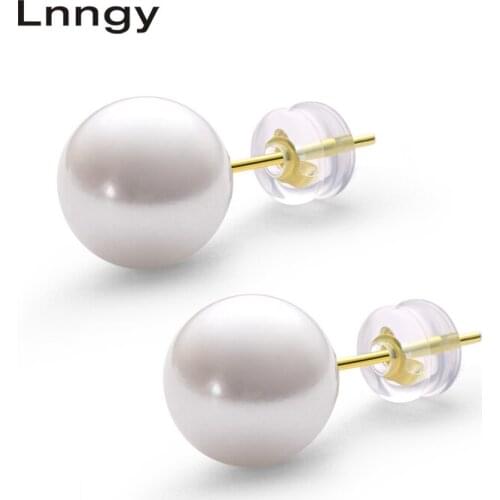 Lnngy 18K Yellow Gold Earrings 8.5-9mm Natural Freshwater Pearl Semi-baroque Gold Stud Earrings Women Wedding Earrings Gifts