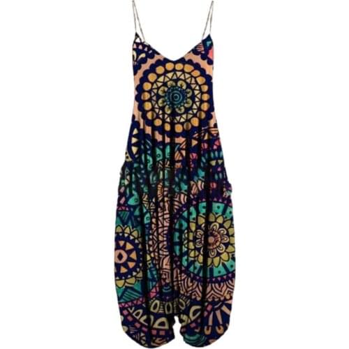 Beach Jumpsuit Vintage Print Sling Sleeveless V Neck Wide Leg Women Romper Beachwear