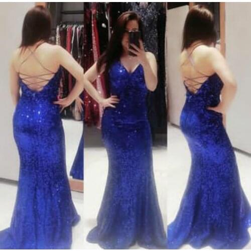 Sexy Sequined Mermaid Royal Blue Evening Dresses Long Criss Cross Back Sweep Length V-Neck Abendkleid Robes de Soirée for Women