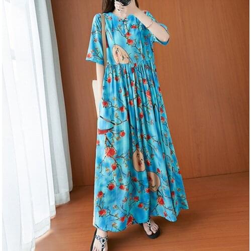2021 New Arrival Cotton Linen Print Floral Loose Summer Dress Short Sleeve Holiday Travel Casual Women Vintage Long Dress