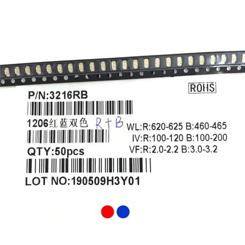 50pcs 3216 RED + BLUE bicolor LED 1206 R+B double color lamps 620-625nm / 460-465nm light beads