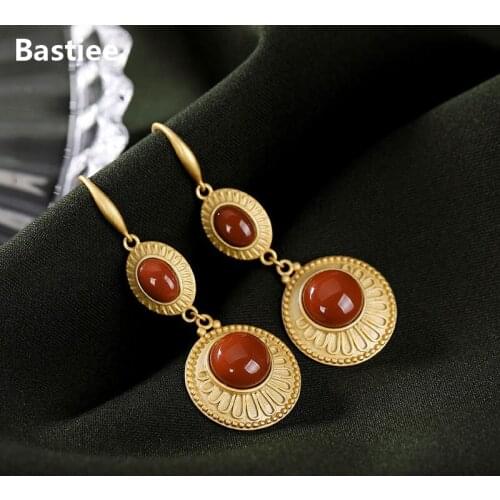 Bastiee Red Agate 925 Sterling Silver Earrings For Women Round Drop Dangle Earings Fashion Jewelry Luxury Gifts Gold Plated