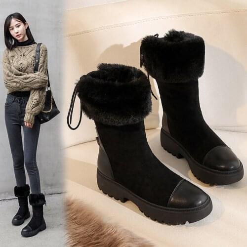 Back lace up cotton padded fur snow boots women 42 43 plus size platform mid-calf booties winter footwear socofy botines s613