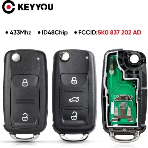 KEYYOU 2 Button Flip Remote Key Fob For VW Beetle Bora Golf Passat Polo Transporter T5 1J0959753AG 434MHz ID48 Chip