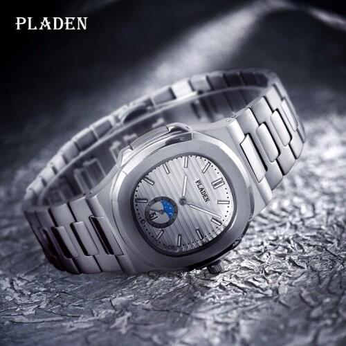 PLADEN Mens Watches Top Brand Luxury Square Luminous-hands Stainless Steel Quartz Watch Moon Phase Decoration White Dial Clock