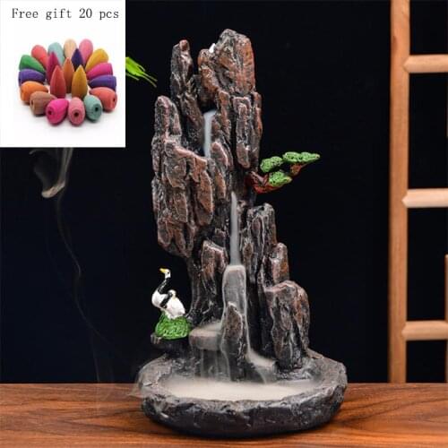 Mountains River Waterfall Incense Burner Fountain Backflow Aroma Smoke Censer Holder Office Home Unique Crafts+20 Incense Cones