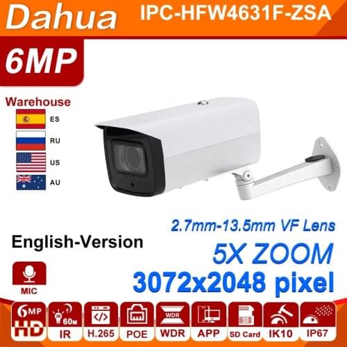 Dahua 6MP POE IP Camera IPC-HFW4631F-ZSA 2.7~13.5mm 5X Zoom VF Lens Bullet 60M IR Micro SD Card Slot Audio IP67 IK10