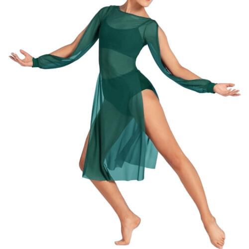 3 Piece Modern Ballet Dance Costume Outfit Slites Open Sleeves Boat Neck Side Splits Mesh Dress with Bras Top & Brief Underneath