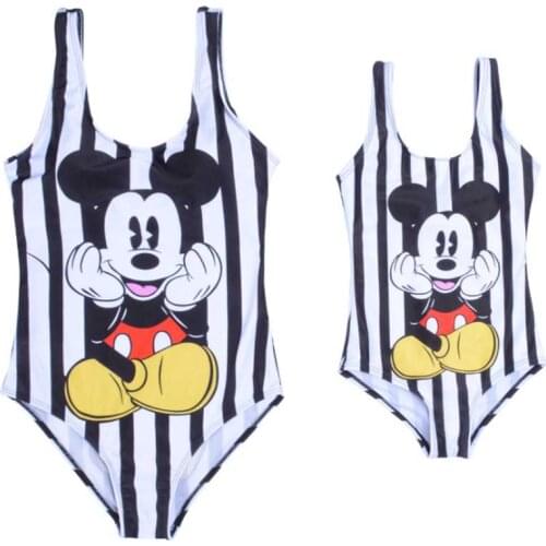 Mom&Daughter White Swimwear Women Striped Bikini Kids Disney swimsuit Girls Cute Bath Beach Mickey Female Swimwear