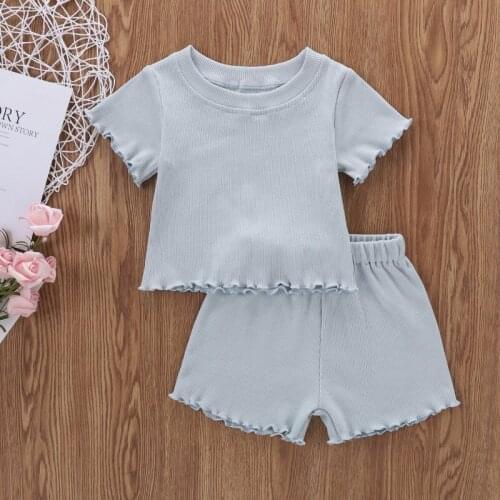 2Pcs Toddlers Summer Suit 2021 , Solid Color Ribbed O-Neck Short Sleeves Tops + Elastic Waist Shorts Outfits for Girls, Boys