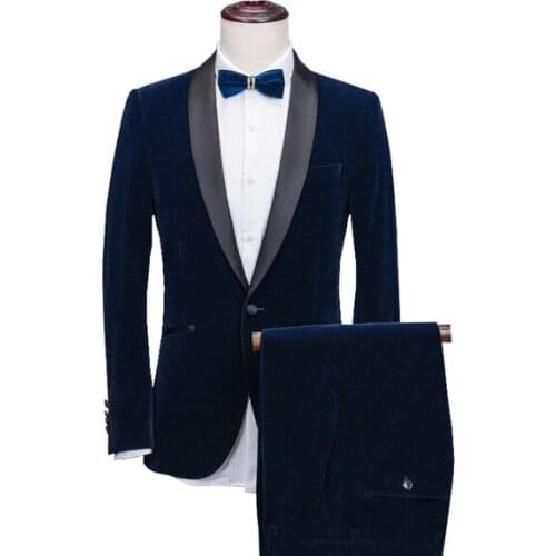 Mens Suits Shawl Collar 2 Pieces Slim Fit Blue Burgundy Black Green Suit Mens Velvet Tuxedo Jacket For Wedding(Blazer+Pants+Tie)