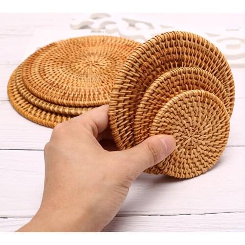 Drink Coasters Set For Kungfu Tea Accessories Round Tableware Placemat Dish Mat Rattan Weave Cup Mat Pad Kitchen Tool Home Deco