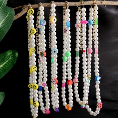 Smiley Face Choker Beads Necklace Irregular Pearl Cute Summer Y2K Collar Pearl Necklace for Teen Girls Women