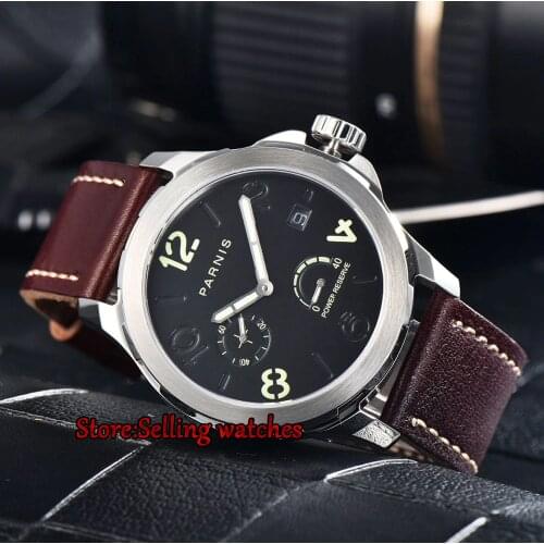 Parnis 44mm Men Mechanical Watch 2530 Power Reserved Steel Case Purse Leather Sapphire Luminous Date Automatic Self Wind Watch