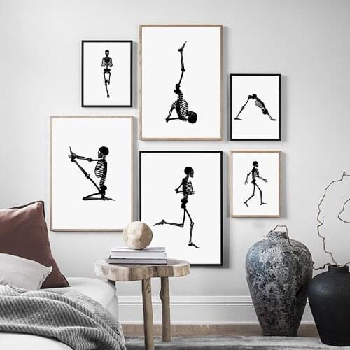 Nordic Posters Print Black Skeleton Running Yoga Minimalist Painting Wall Art Canvas Modular Pictures for Living Room Home Decor