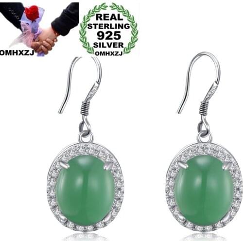 OMHXZJ Wholesale European Fashion Woman Girl Party Wedding Gift Oval Green Chalcedony S925 Sterling Silver Drop Earrings EA375