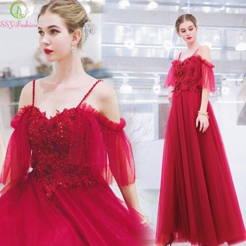 SSYFashion New Luxury Red Evening Dress Bride Married Banquet Lace Appliques Floor-length Long Formal Gowns Robe De Soiree