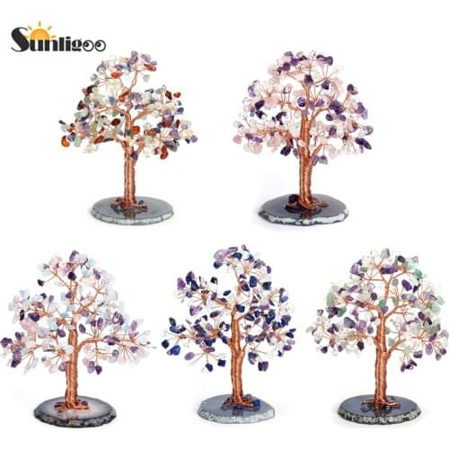 Sunligoo 1x Tumble Stone Money Tree Feng Shui Ornaments Crystal Gemstone Tree of Life Figurines & Agate Slice Stand Home Decor