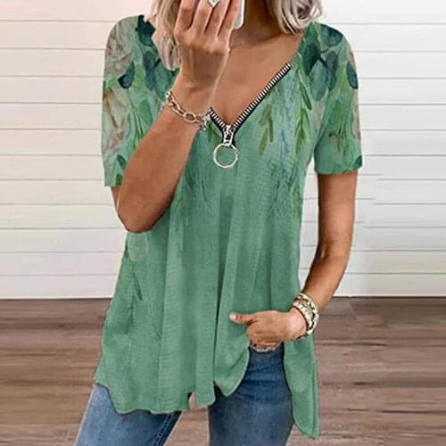 Vintage Zipper Blouse Womens Summer Casual Printing Shirt Plus size short-sleeved Sexy V-neck Harajuku Top Топ Женский