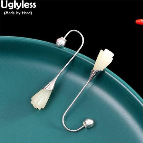 Uglyless Curved Natural Hotan Jade Magnolia Flowers Earrings for Women Glossy Silver 925 Silver Ethnic Brincos Gemstones Jewelry