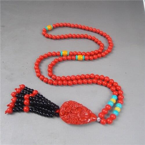 The natural cinnabar sweater chain long section of Korean folk style jewelry all-match Waratah Pendant