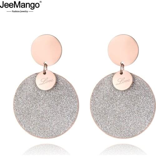JeeMango Stainless Steel Jewelry Rose Gold Color & Silver Frosted Sheet Circle LOVE Wedding Stud Earrings For Women JE18444