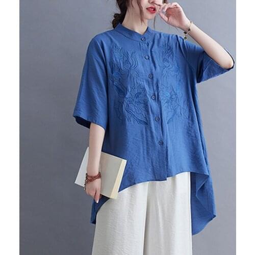 High Quality Women Cotton Linen Casual Shirts New 2021 Summer Vintage Style Floral Embroidery Loose Female Long Tops S3526