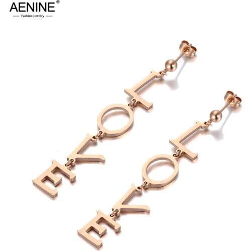 AENINE Fashion Titanium Stainless Steel Romantic LOVE Letter Drop Earrings Jewelry Rose Gold Dangle Earrings For Women AE19233