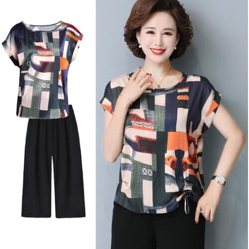 2021 Women 2 Piece Set New Loose Print Short-sleeved T-shirt Tops + Casual Pants Middle-aged Mother Summer Suit Plus Size L519