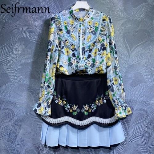 Seifrmann New 2021 Summer Women Fashion Runway Skirt Set Flare Sleeve Beading Ruffles Blouses + High Waist Patchwork Skirts Suit