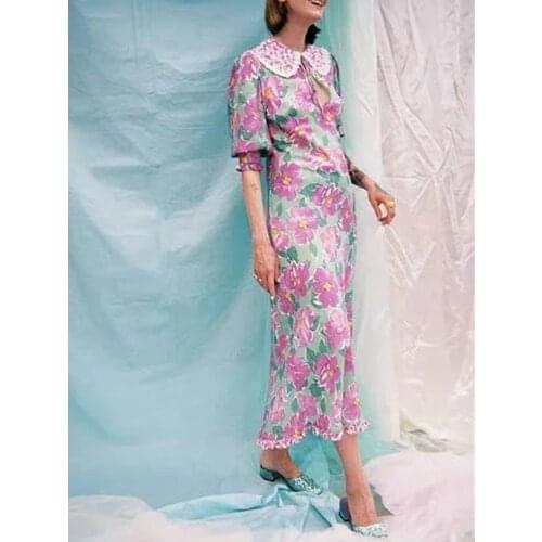 Women Floral Print Midi Dress 2021 Summer Autumn Lace Crochet-Trimmed Peter Pan Collar Lace-Up Half Sleeve Holiday Long Robe