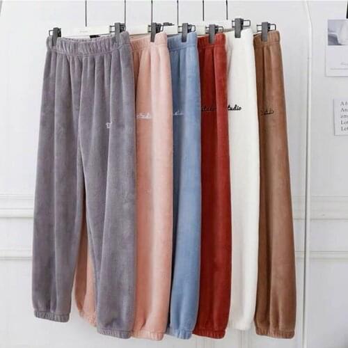 2020 Winter Wear Women Lantern Pants Soft Keep Warm Home Pajama Pants Coral Fleece Loose Lazy Sleep Bottoms Letter Embroidery