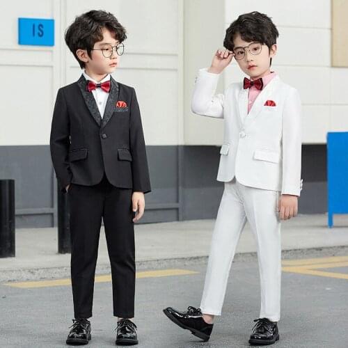 2021 Flower Boys Embroidery Collar Jacket+Pants 2PCS Wedding Suit Kids White Dress Clothing Set Children Performance Costume