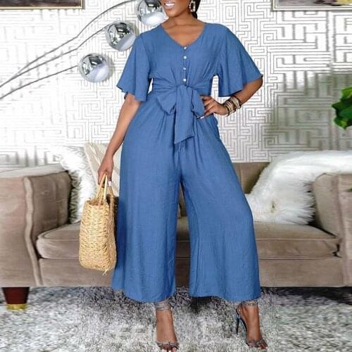 VONDA 2021 Women Denim Jumpsuits Casual Button Up Playsuits Wide Leg Long Overalls Femme Short Sleeve V Neck Pantalon Plus Size