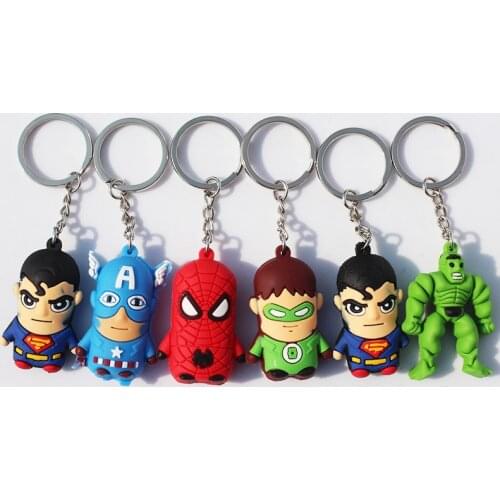 6pcs/Lot Hulk Spider-Man Captain America Green Lantern Keychains Pendants Figure Toys