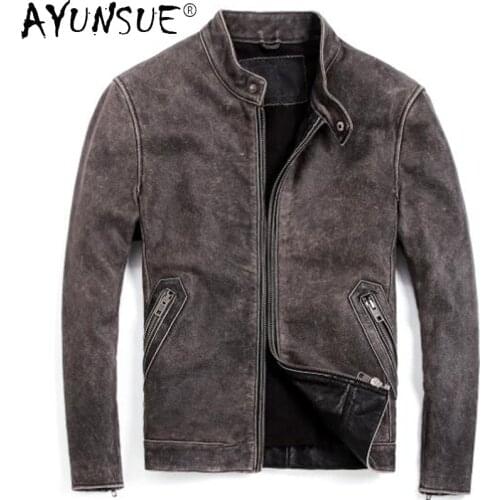 AYUNSUE Vintage Leather Jacket Men Real Cowhide Coat Spring Autumn Genuine Leather Jackets Plus Size Chaqueta Cuero Hombre 2021