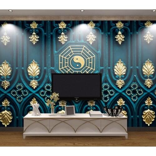 Bacaz Tai-Ji Gossip Blue Chinese Religion Wallpaper Mural for Living Room TV Background 3D Wall Mural Wall paper Sticker