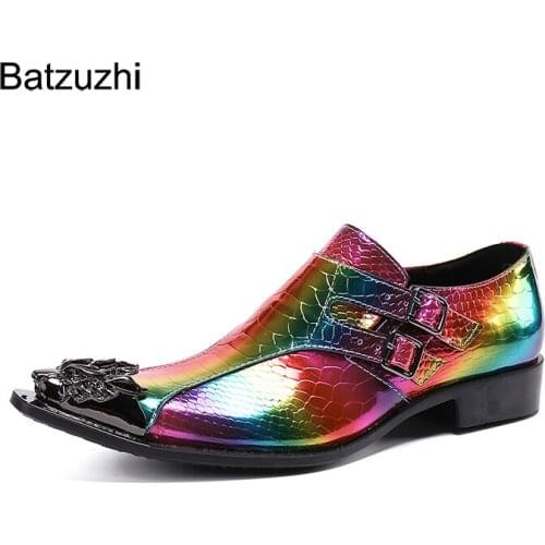 Batzuzhi Mens Shoes Luxury Handmade Designers Color Rock Leather Dress Shoes Men Pointed Iron Toe Party and Wedding Shoes