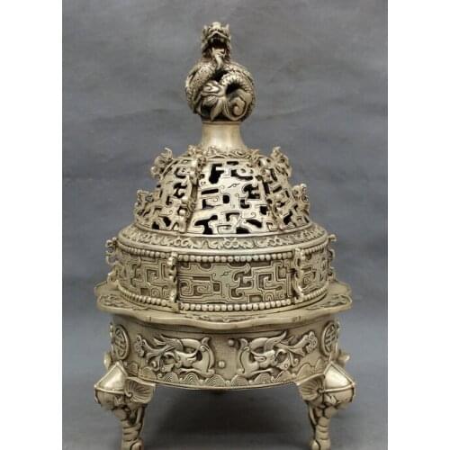 Fast shipping USPS to USA S1496 14" Tibet Silver FengShui Fly Dragon Statue Elephant Head Incense Burner Censer