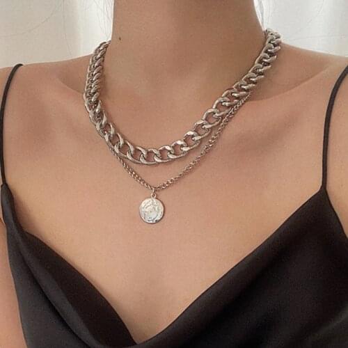 17KM Fashion Silver Color Coin Pendant Necklace For Girls Women Multilayered Portrait Thick Chunky Chain Choker Necklace Jewelry