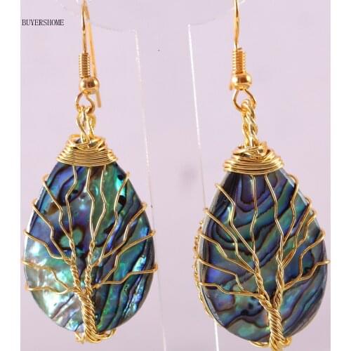 Tree of Life -Gold Wire Wrap Women Jewelry Natural Blue New Zealand Abalone Shell Dangle Earrings 1Pair