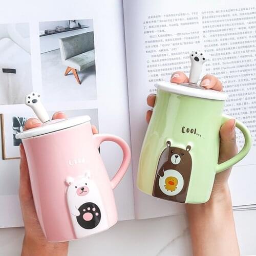 Cute Bear Mugs Ceramic Coffee Cup With Lid Spoon Kawaii Creative Stirring Mugs Cartoon Animal Travel Milk Tea Cup Gift For Girl