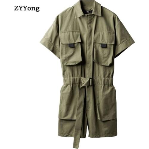 ZYYong Summer Mens Short-Sleeved Jumpsuit Lapel Multi-Pocket Hip-Hop Mens Overalls Joggers Mens Shorts Green Black Shorts