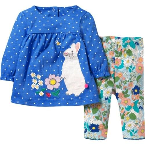 Little Maven New Spring Autumn Kids O-neck Blue Bunny Floral Cotton Knitted Girls 2-7yrs Casual Full-sleeved Skirts Sets Pajama